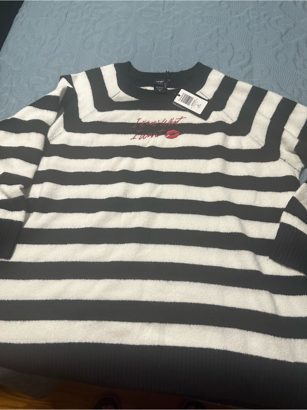 torrid Black and White Striped Crewneck Sweater with Red Embroidery